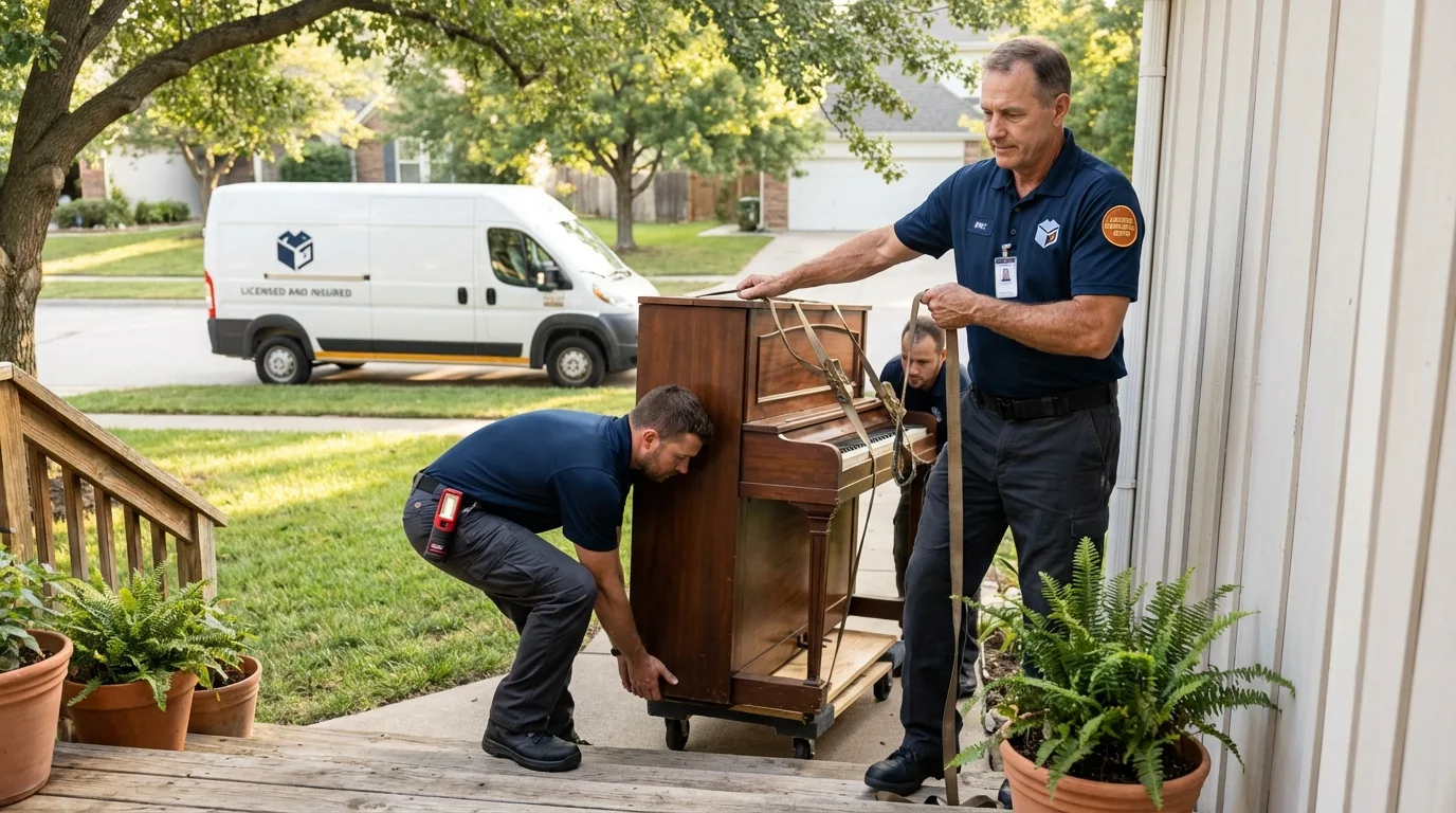 Licensed piano movers securing grand piano in Sarcoxie, MO