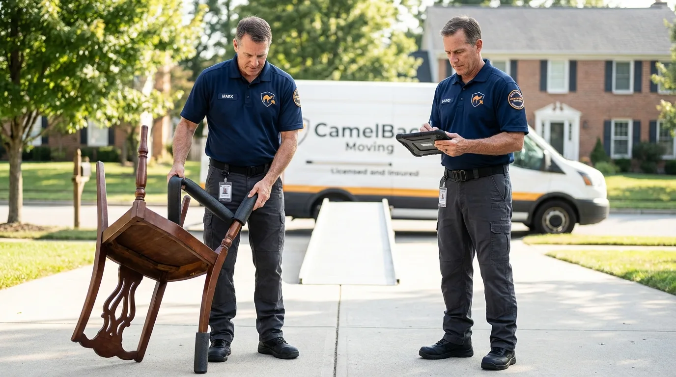 Movers inspecting furniture for damage prevention before loading in Sarcoxie, MO