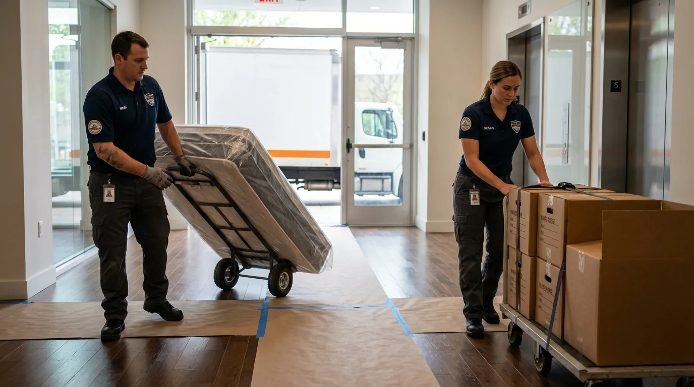 Professional apartment movers loading elevator in Sarcoxie, MO